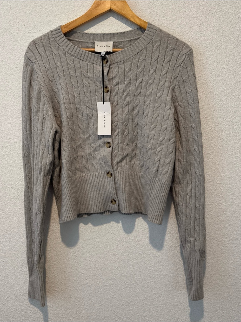 NWT Pink Rose Women’s Grey Cable Knit Button-Up Cardigan Sweater Crew Neck XL